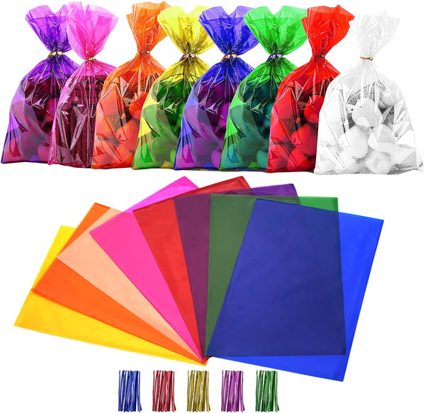 Cinvo 160 Pcs Colored Cellophane Bags with Twist Ties for Bakery, Popcorn, Cookies, Candy, Dessert Party Supplies (8