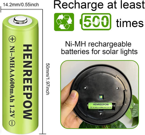 Henreepow Ni-MH AA Rechargeable Batteries, Double A High Capacity 1.2V Pre-Charged for Garden Landscaping Outdoor Solar Lights, String Lights, Pathway Lights (AA-600mAh-12pack)