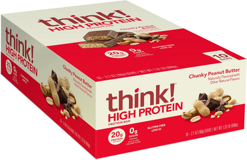 think! Protein Bars - Gluten Free, Kosher Friendly, Chunky Peanut Butter, 2.1 Oz, 10 Count (Packaging May Vary)
