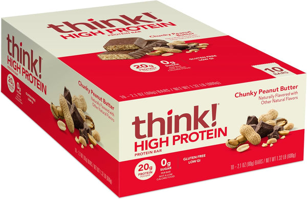 think! Protein Bars - Gluten Free, Kosher Friendly, Chunky Peanut Butter, 2.1 Oz, 10 Count (Packaging May Vary)