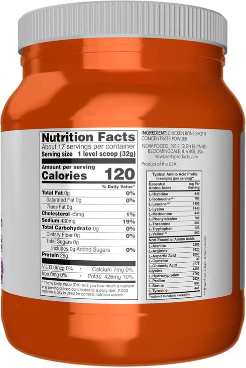 NOW Foods Sports Nutrition Chicken Bone Broth Powder, 1.2-Pound, Premium-Quality Extract