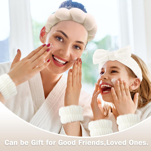 4Pcs Spa Headband for Washing Face Wristband Set Sponge Makeup Skincare Terry Cloth Headband Bubble Soft Get Ready Hairband Women Puffy Padded Headwear Non Slip Hair Accessory(Beige)