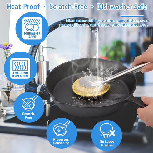 TOFAIRONM Kitchen Scrub Brush with Handle, Non-Scratch Extra Strong Cleaning Brush for Wok, Cast Iron, Pans, Oven