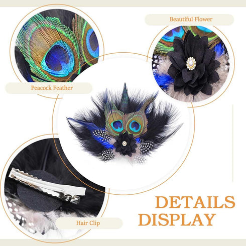 Yokawe 20s Elegant Black Peacock Feather Hair Clip with Flowers, Gatsby Party Accessories for Women