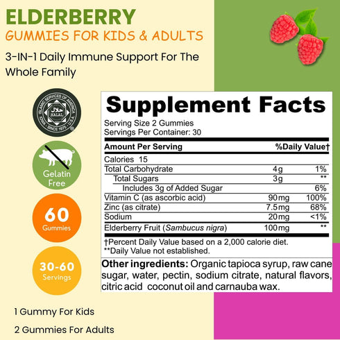 Vegan Black Sambucus Elderberry Gummies | Non-GMO | 60 Gummies, 30 Serving w/ 100mg Elderberry, 90mg Vitamin C, 7.5mg Zinc | Immune Support, Antioxidant Flavonoids Halal Vitamins