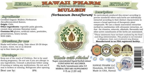 Hawaii Pharm Organic Mullein Alcohol-Free Liquid Extract, Dried Flower Glycerite Herbal Supplement, 2 oz