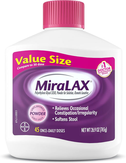 MiraLAX Laxative Powder for Gentle Constipation Relief, PEG 3350, Physician Recommended, No Harsh Side Effects