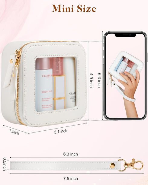 Clear Makeup Bag, Mini Small Cosmetic Bag for Purse, Cute Leather Makeup Pouch, White Mini