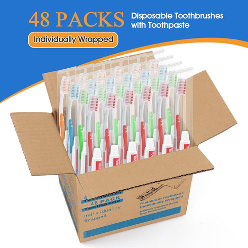 Homvle 48 Packs Office/4 Disposable Toothbrushes with Toothpaste, Individually Wrapped Buld Toothbrush and Toothpaste