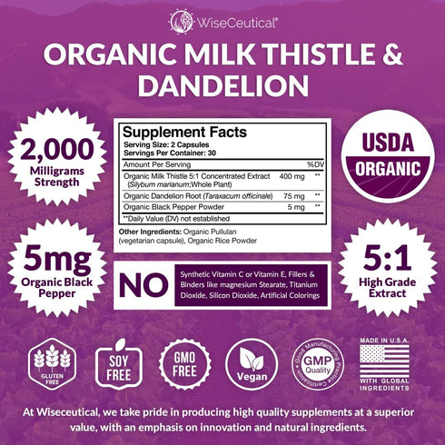 Max Absorption USDA Organic Milk Thistle - Potent 5:1 Concentrated Extract (2000mg Strength) & Organic Dandelion Root,