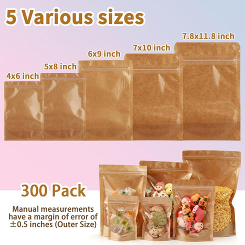 300-Pack Kraft Paper Bags with Clear Window 5" x 8", Resealable Smell Proof Zip Lock Pouch for Food Storage