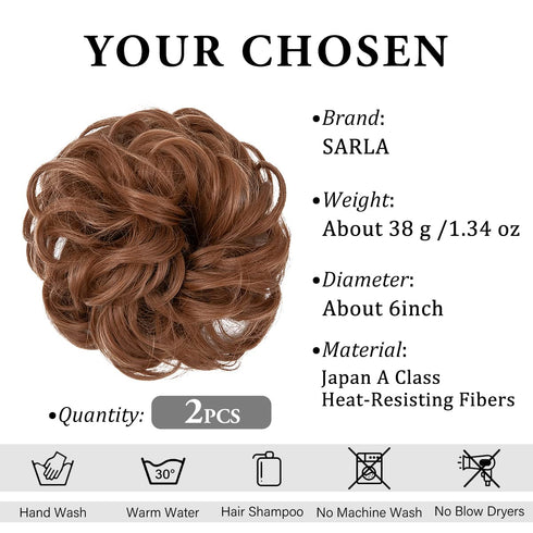 SARLA 2PCS Messy Hair Bun Hair Pieces, Wavy Curly Synthetic Updo Extensions for Women (Light Auburn)