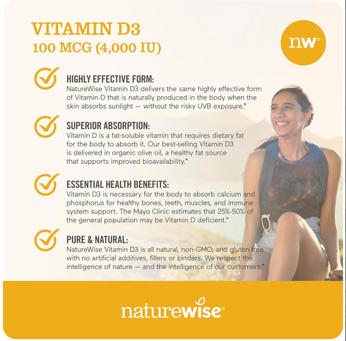 NatureWise Vitamin D3 4000iu (100 mcg) for Healthy Muscle Function & Immune Support, Non-GMO, Gluten Free, 200 Count