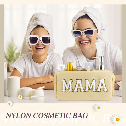 Sanwuta Nylon Cosmetic Bag Pouch, 2 Pieces Chenille Letter Makeup Bag, Zipper Travel Toiletries Bag for Women and Girls