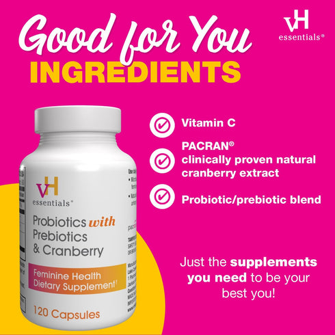 vH essentials Probiotics with Prebiotics and Cranberry, Feminine Health Supplement, 120 Capsules