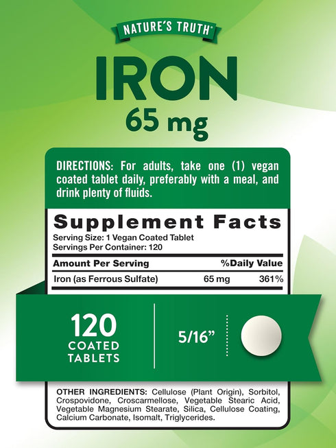 Ferrous Sulfate Iron Supplement | 65 mg | 120 Tablets | Non-GMO, Gluten Free | by Nature's Truth