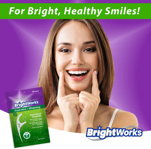 225 Piece BrightWorks Fresh Mint + Whitening Dental Flossers, 75 Count (Pack of 3) with Plant-Based Handles
