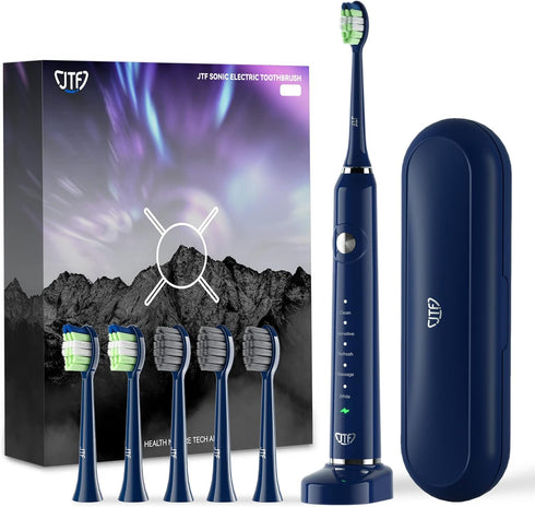JTF Sonic Electric Toothbrush for Adults - Fast Rechargeable with Travel Case, 6 Brush Heads, 5 Modes, Navy Blue