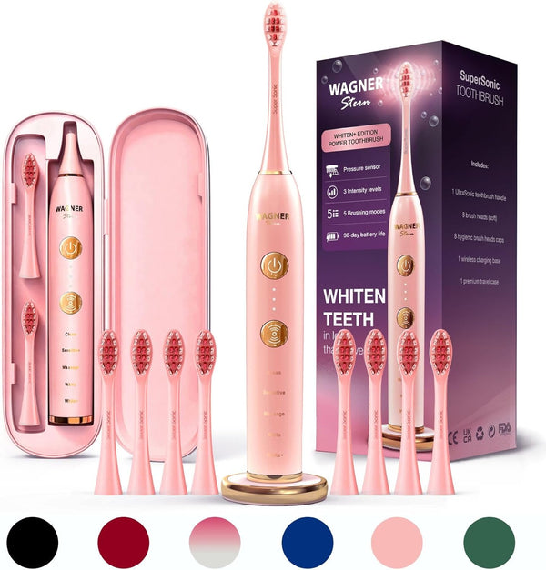 Wagner Stern WHITEN+ Edition Whitening Electric Toothbrush with Pressure Sensor, 5 Brushing Modes, 8 Soft Brush Heads