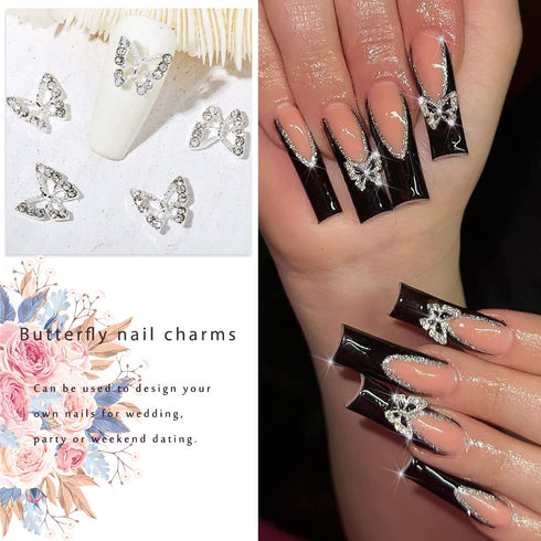 RODAKY 3D Alloy Butterfly Nail Art Charms, 12PCS Silver Butterflies with Gems for Nail Decoration