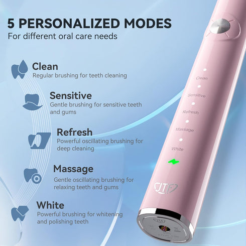 JTF Sonic Electric Toothbrush with Travel Case and 6 Brush Heads, Fast Charging for 60 Days, 5 Modes (Pink)