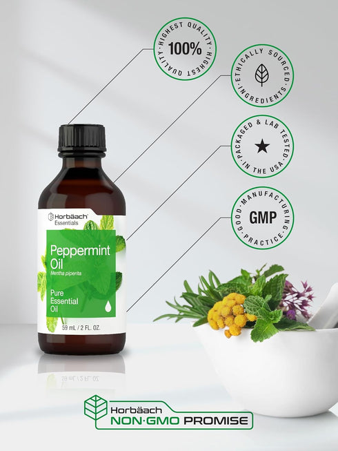 Horbaeach Peppermint Oil, 2 fl oz, Pure Essential Spray for Massage, Bath & Diffusers