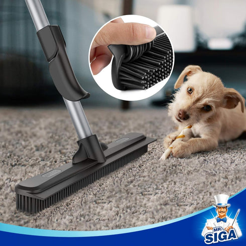 MR.SIGA 3 in 1 Pet Hair Removal Rubber Broom with Built-in Squeegee, 61 inch Adjustable Handle