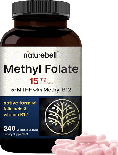 NatureBell L Methylfolate 15mg, 240 Veggie Capsules - 5-MTHF with Methyl B12 1,000mcg for Energy Support