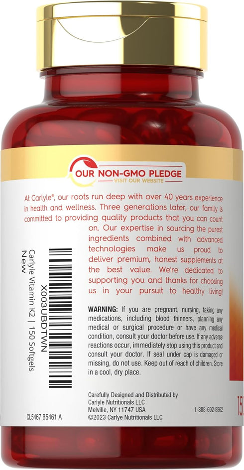 Carlyle 150 Softgels Vitamin K2 MK7 100 mcg | Non-GMO, Gluten Free Supplement