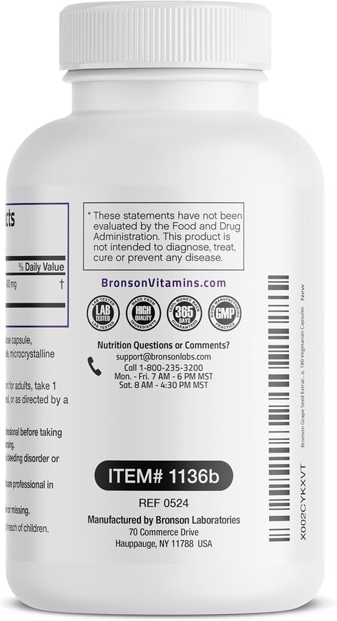 Bronson Grape Seed Extract 400 mg - Antioxidant & Immune Support, 180 Vegetarian Capsules, Non-GMO