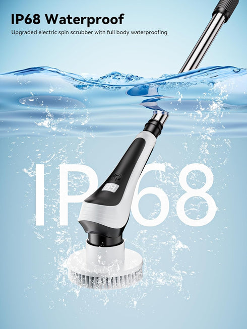 Electric Spin Scrubber, Cordless Cleaning Brush with Power Display, IP68 Waterproof, 8 Replaceable Brush Heads