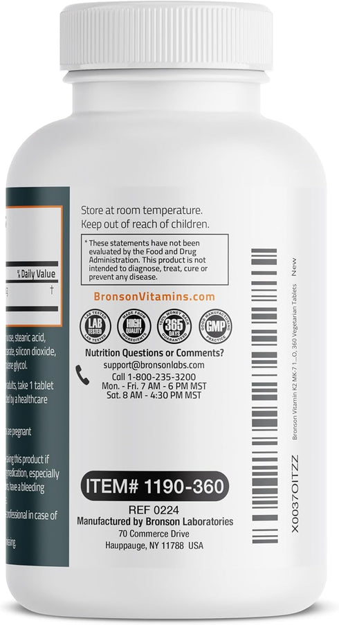 Bronson Vitamin K2 MK-7 100 MCG, 360 Tablets - Bone Support, 1 Year Supply of K2 as MK7 Menaquinone