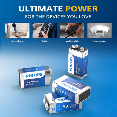 Philips 9V 9 12 Pack 9V Batteries Alkaline Volt Battery Ultra Long Lasting Battery for Household and Office Devices
