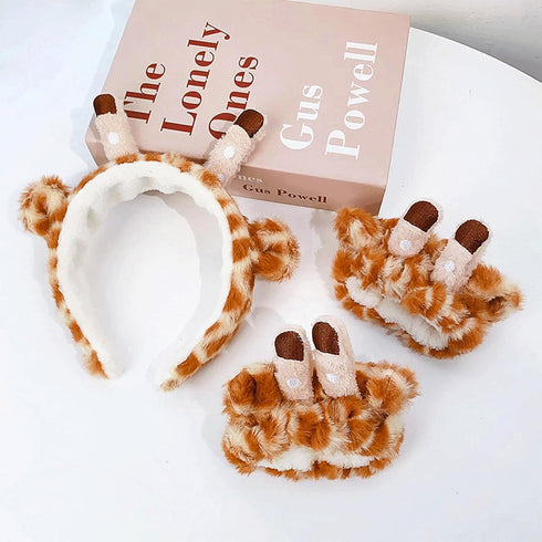 4Pcs Makeup Headband with Absorbent Wristband - Cute Giraffe Skincare Hair Bands for Face Wash
