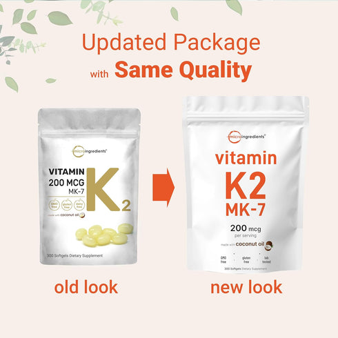 Micro Ingredients Vitamin K2 MK-7 Supplement - 200 mcg Per Serving, 300 Coconut Oil Softgels for Immune Support