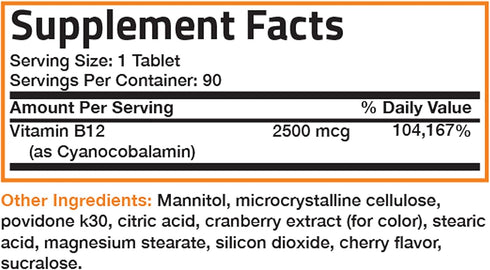Vitamin B12 2500mcg Shot of Energy | Fast Dissolve Chewable Tablets | Cherry Flavored Sublingual B12 Vitamin