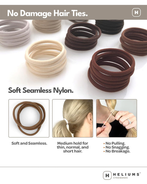 Heliums Thin Seamless Hair Ties - Dark Brown - 6mm Nylon No Damage Ponytail Holders, 18 Pack