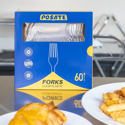 POSATE Heavy Duty Clear Plastic Forks, Disposable Pack of 60