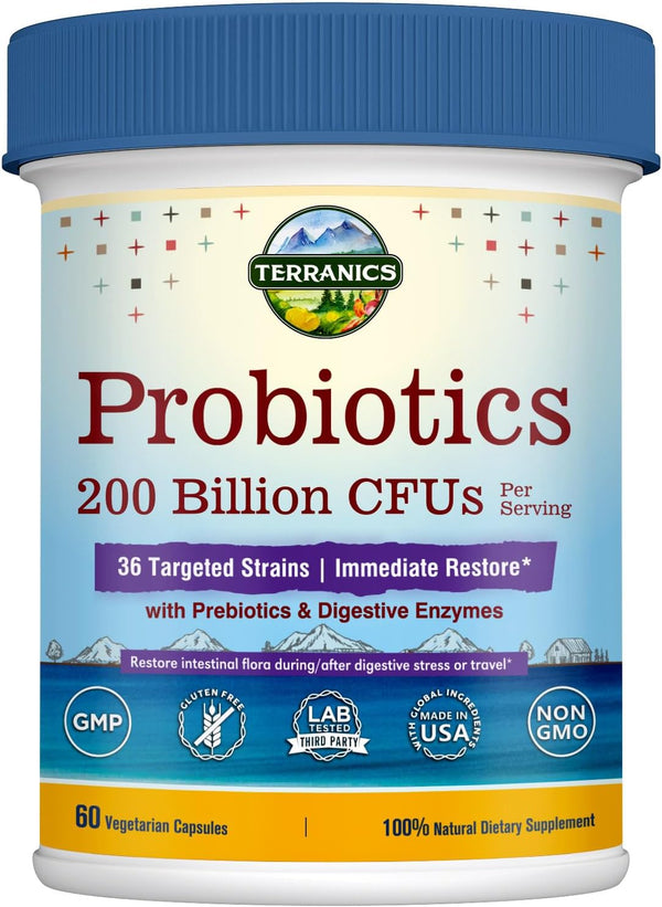 Terranics Daily Probiotics for Men & Women, 200 Billion 36 Strains, Healthy Regularity, 60 Veggie Caps