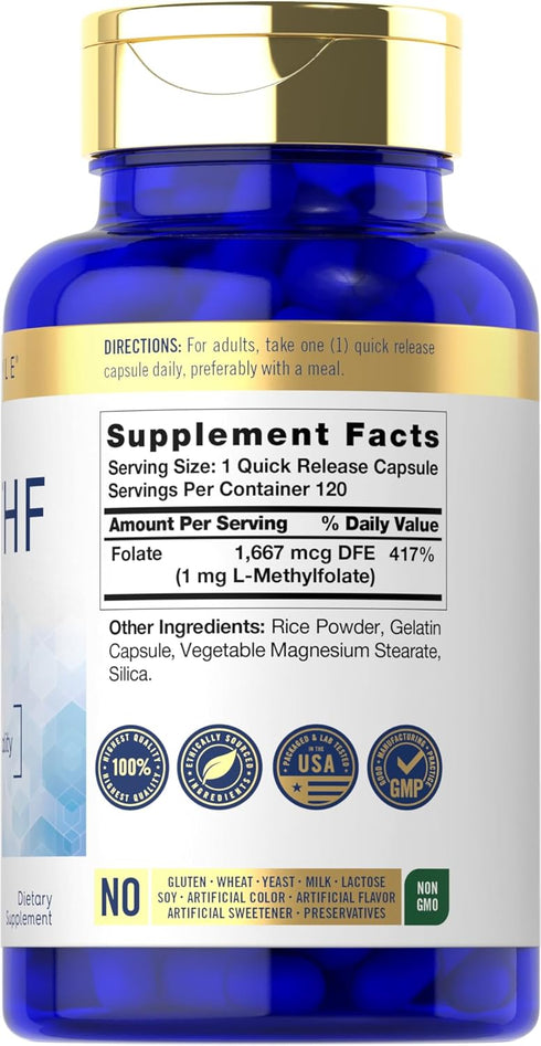 Carlyle 5-MTHF L Methylfolate 1mg | 120 Capsules | Non-GMO, Gluten Free | Premium Quality