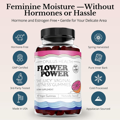 Gummies 60 Gummies Flower Power Vaginal Moisture Support Vaginal Dryness Supplement for Women | Powdered Slippery Elm