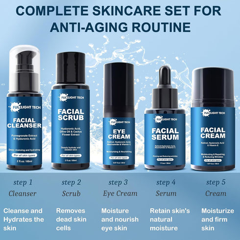 Men's Anti Aging Skin Care Kit - Unique Gifts for Him with Facial Cleanser, Scrub, Cream, Serum, Eye Cream
