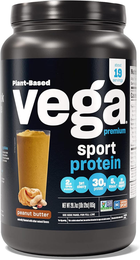 Vega Premium Sport Protein Powder, Peanut Butter Flavor, Vegan, Non-GMO, Gluten-Free, 28.7 oz Drink Mix