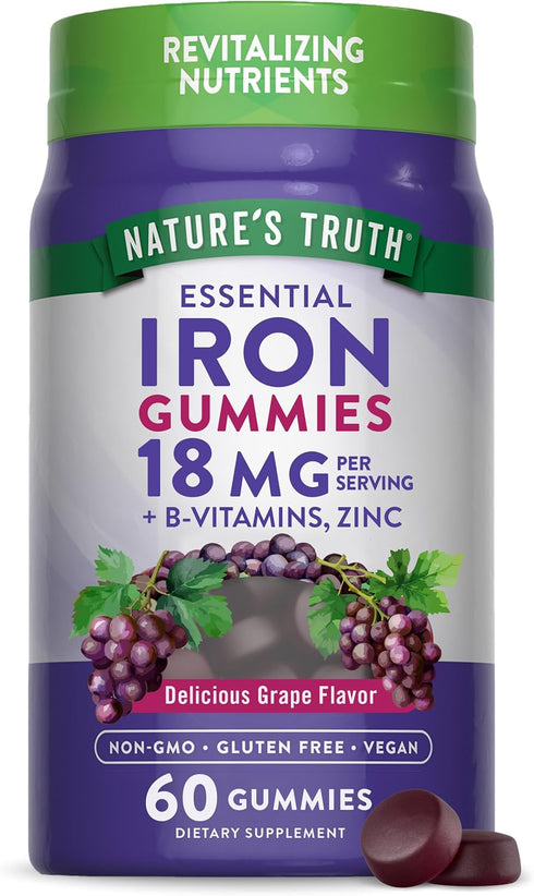 Natures Truth Iron Gummies, 60 Count, Vegan, Non-GMO, Gluten Free Supplement, with Zinc & B Vitamins, Grape Flavor