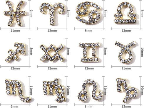 JERCLITY 24 Pieces Gold Alloy Zodiac Nail Charms, 12pcs Zodiac Signs Nail Studs, 12pcs Constellation Words Nail Charms