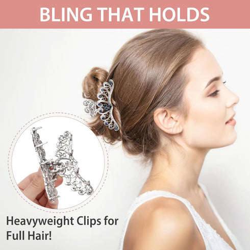 kilofly 3pc Vintage Crystal Hair Claw Clips, Long Thick Hair Metal Clamps