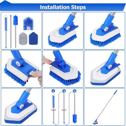 Lalafancy 3 in 1 Shower Cleaning Brush with Locking Head, 50'' Extendable Long Handle, Stiff Bristles & Microfiber Pads