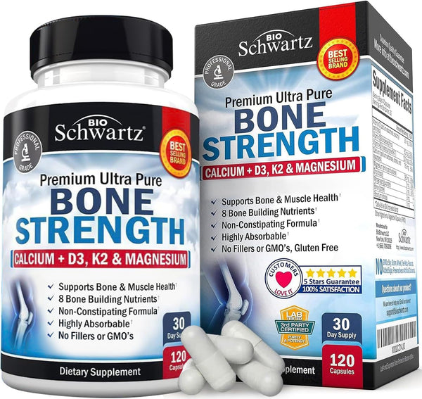 Bone Strength Calcium Supplement - 120 Veggie Capsules with Calcium, Vitamin D3, K2, C, Magnesium, Zinc for Optimal
