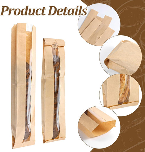 Kegeeei 150 Pack 150 23x4x1.6 Inch Packaging Baguette Bags with Clear Front Window and Seal Stickers, Paper Bread Bags