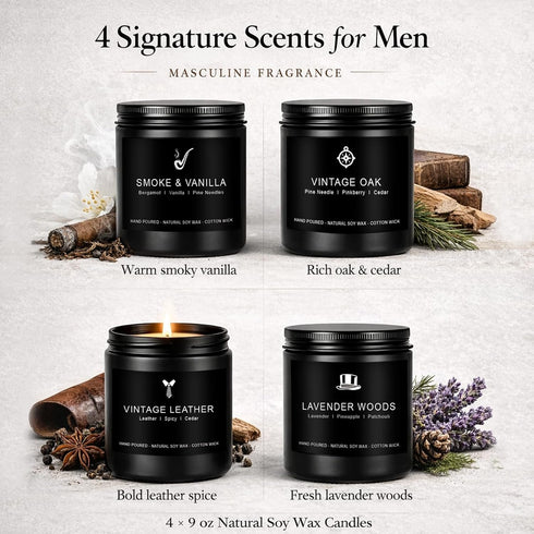 MKCLDE Set, 4 Pack Set Candles for Men Gift Masculine Scented Soy Candles for Men, Leather, Smoke, Oak & Lavender